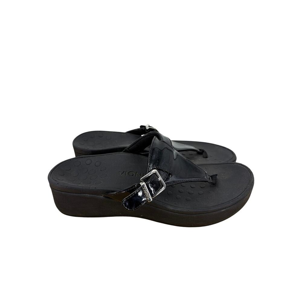 Vionic Women Black Patent Leather Platform Wedge Thong Sandals Buckle Strap 8